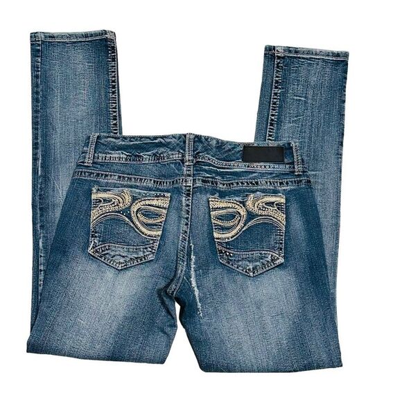 Twentyone Black by Rue 21 Med Wash Distressed Curvy Low Rise Skinny Jeans - 11 - Picture 3 of 14